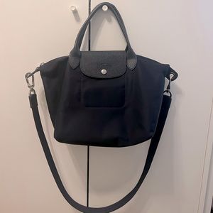 Longchamp Le Pliage Neo Handbag with Strap Navy Blue Nylon and Leather Tote